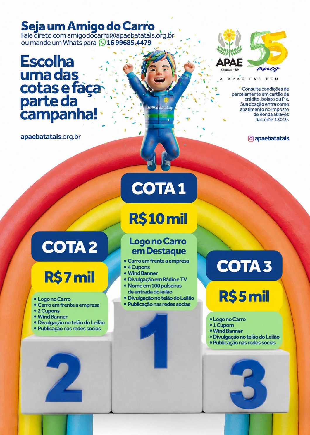 Seja um Amigo do Carro — Escolha uma das cotas e faça parte da campanha. Cota 1 R$10 mil, Cota 2 R$7 mil, Cota 3 R$5 mil.
